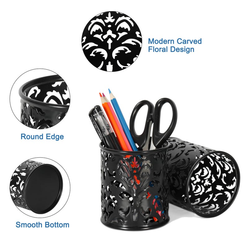 EasyPAG Black Pen Holder for Desk, 2 Pack Round Pen Organizer, Brush Holder for Vanity, Metal Pencil Cup Organizer for Home, Office, Classroom, School - Image 2